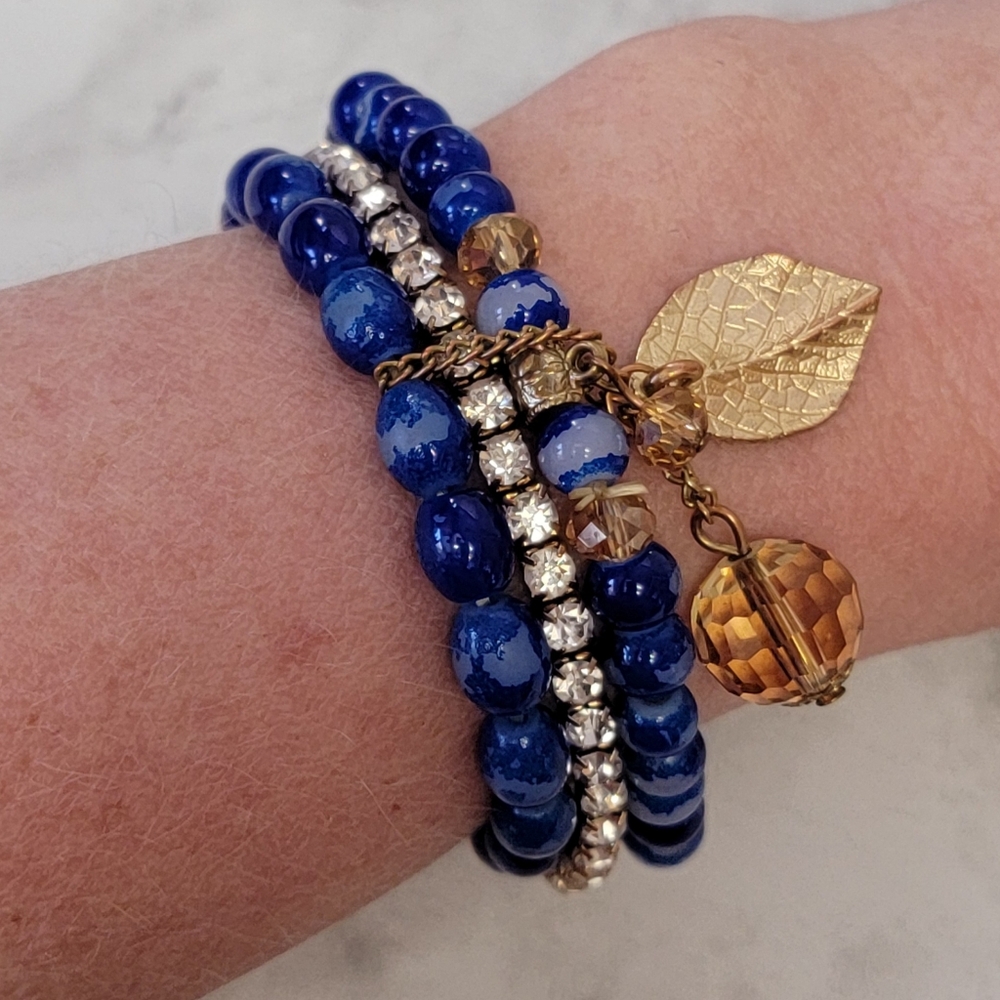 Blue & Gold Tone Multi Strand Bracelet Rhinestone‎ Leaf Beaded Stretch Costume